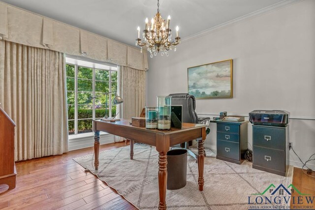 1805 Greenway St, Gilmer, TX 75644 - office area featuring crown molding, a chandelier, and light wood-style flooring