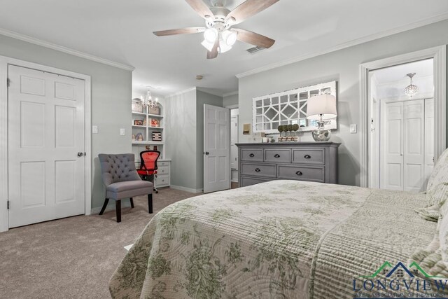 1805 Greenway St, Gilmer, TX 75644 - carpeted bedroom featuring ornamental molding, baseboards, a chandelier, and ceiling fan