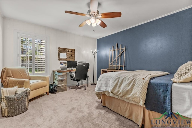 1805 Greenway St, Gilmer, TX 75644 - bedroom with carpet, ceiling fan, an office area, and ornamental molding