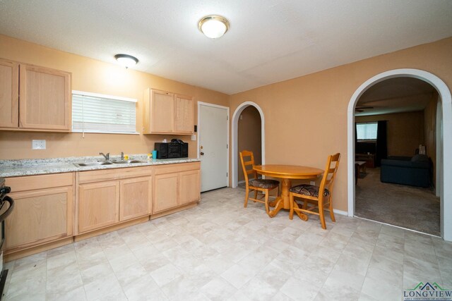 809 Herbert St, Marshall, TX 75670 - kitchen with arched walkways, range, a sink, and light brown cabinets