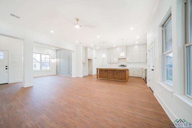 kitchen with premium range hood, ceiling fan, tasteful backsplash, a large island, and white cabinetry