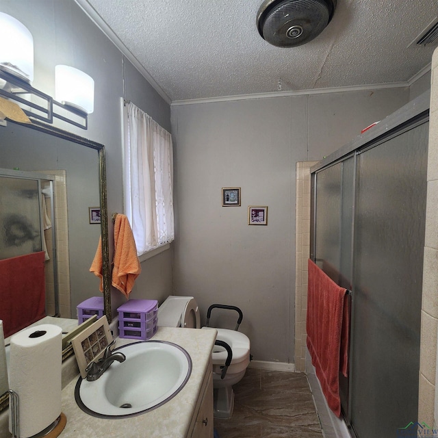 bathroom featuring ornamental molding, vanity, walk in shower, toilet, and a textured ceiling