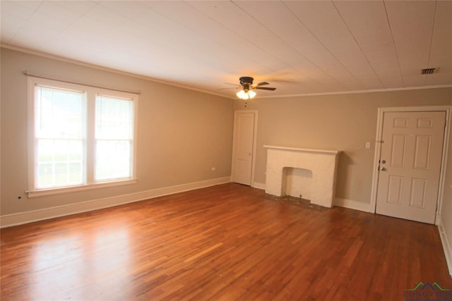 unfurnished living room with dark hardwood / wood-style floors, ceiling fan, and crown molding