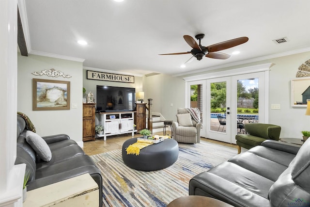 living room featuring visible vents, crown molding, ceiling fan, recessed lighting, and french doors