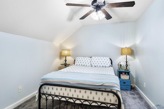 carpeted bedroom with baseboards, ceiling fan, and lofted ceiling