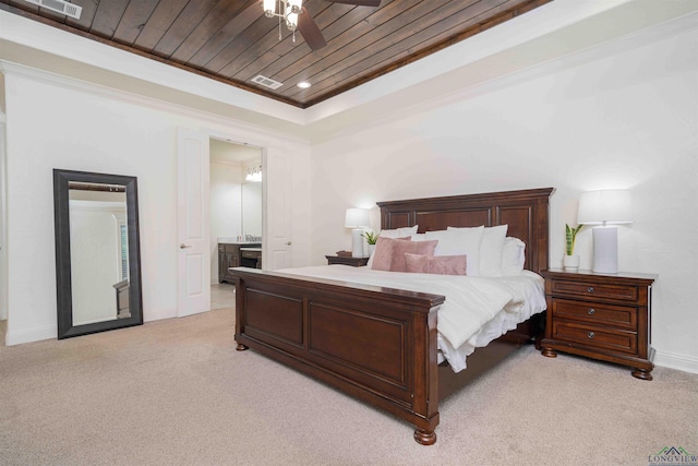 bedroom featuring wood ceiling, visible vents, baseboards, and light carpet