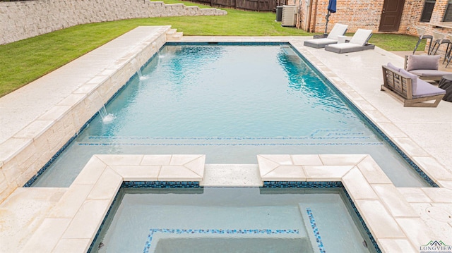 view of pool featuring a patio, a fenced backyard, a fenced in pool, cooling unit, and a lawn