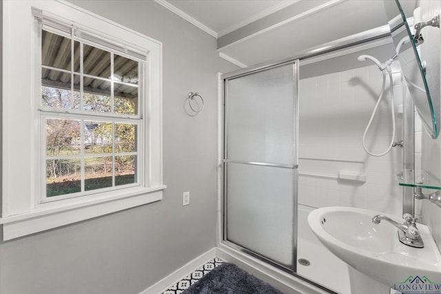 bathroom with sink, ornamental molding, and walk in shower