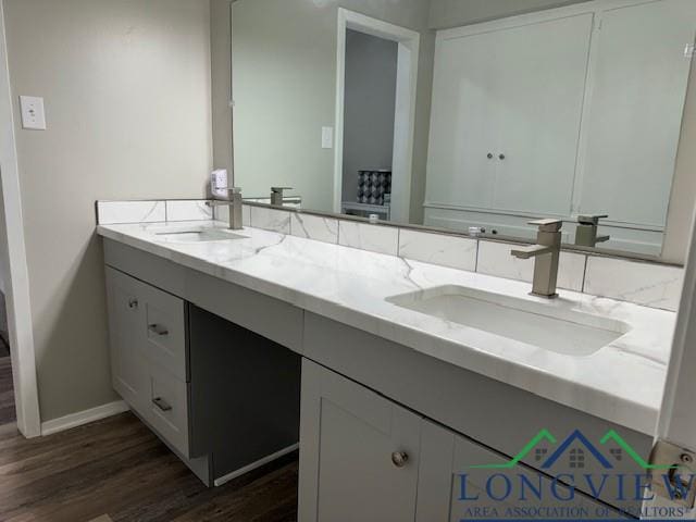 bathroom with a sink, baseboards, wood finished floors, and double vanity