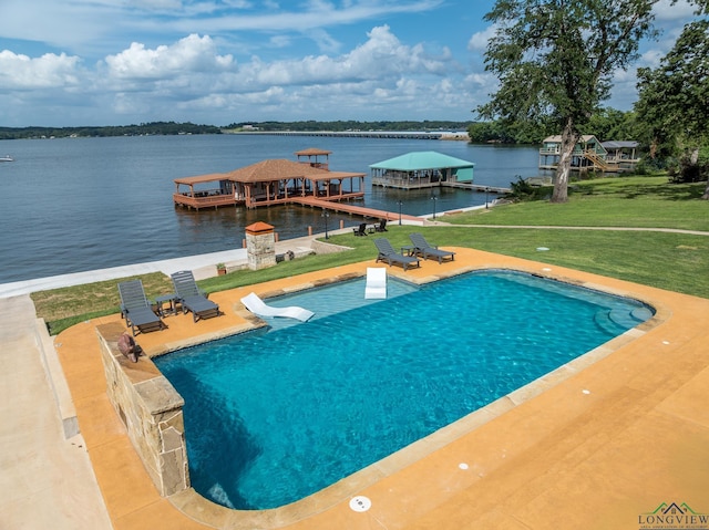 22551 Pine St, Frankston, TX 75763 - swimming pool with a water view, a lawn, a patio, a water slide, and a dock