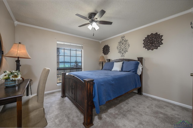 22551 Pine St, Frankston, TX 75763 - bedroom featuring ornamental molding, a textured ceiling, carpet, and a ceiling fan