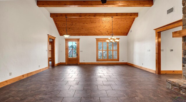 unfurnished living room with ceiling fan with notable chandelier and a fireplace