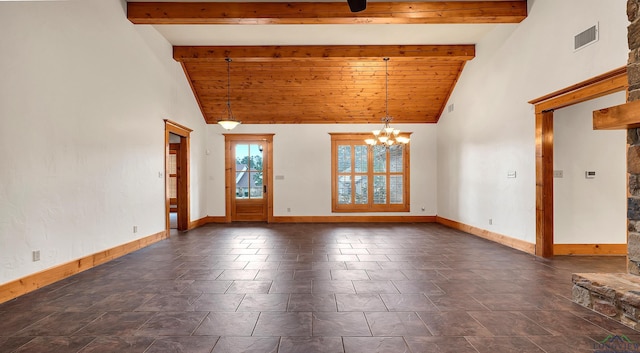 unfurnished living room with an inviting chandelier, high vaulted ceiling, and beamed ceiling