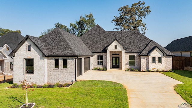 french country home featuring a front lawn and a garage