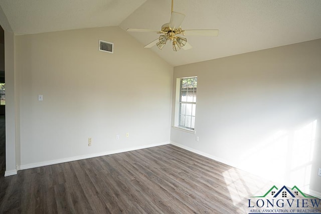 spare room with wood-type flooring, ceiling fan, and lofted ceiling