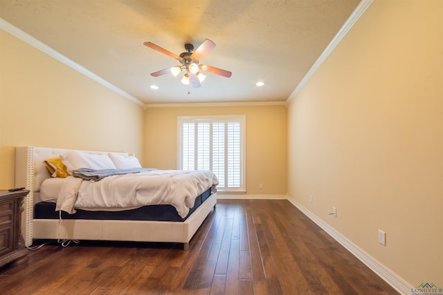 bedroom featuring ceiling fan, crown molding, and dark wood-type flooring