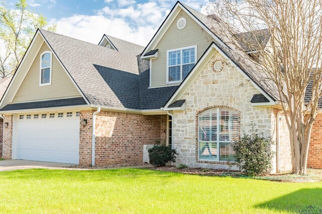 craftsman inspired home featuring a garage and a front lawn