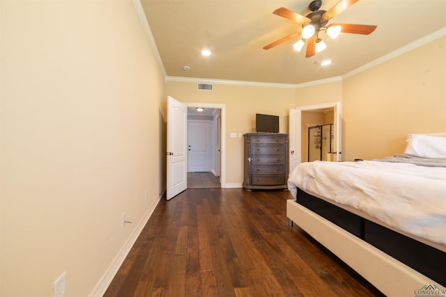 unfurnished bedroom featuring dark hardwood / wood-style floors, ceiling fan, and ornamental molding