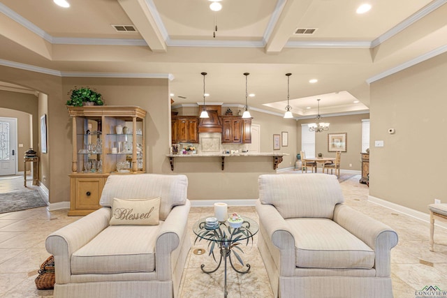 living room with a raised ceiling, crown molding, light tile patterned floors, a notable chandelier, and beam ceiling