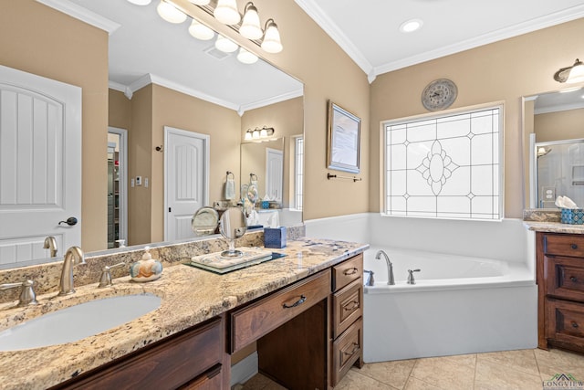 bathroom with tile patterned flooring, shower with separate bathtub, vanity, and crown molding