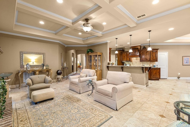 tiled living room featuring beamed ceiling, ceiling fan, ornamental molding, and coffered ceiling