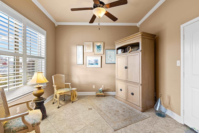 sitting room with light tile patterned floors, ceiling fan, and ornamental molding