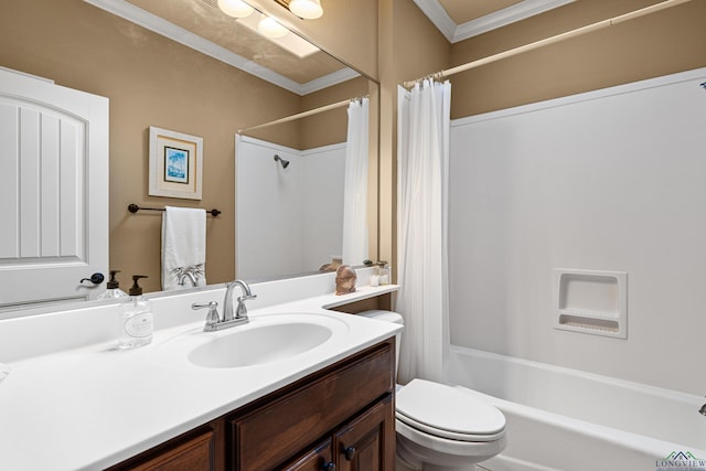 full bathroom with vanity, toilet, shower / bathtub combination with curtain, and ornamental molding