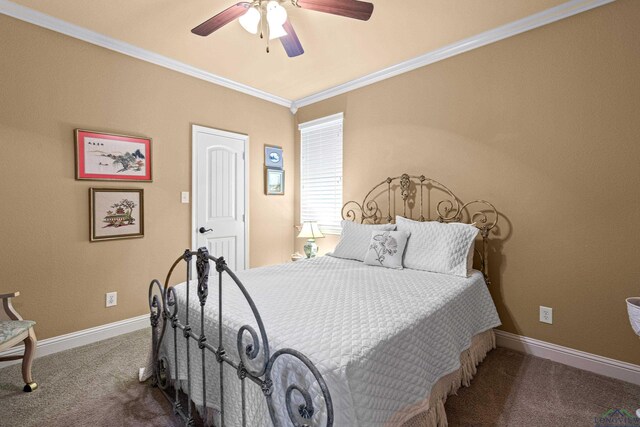 bedroom featuring carpet floors, ceiling fan, and ornamental molding