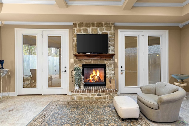 living room with crown molding, a fireplace, beamed ceiling, and coffered ceiling