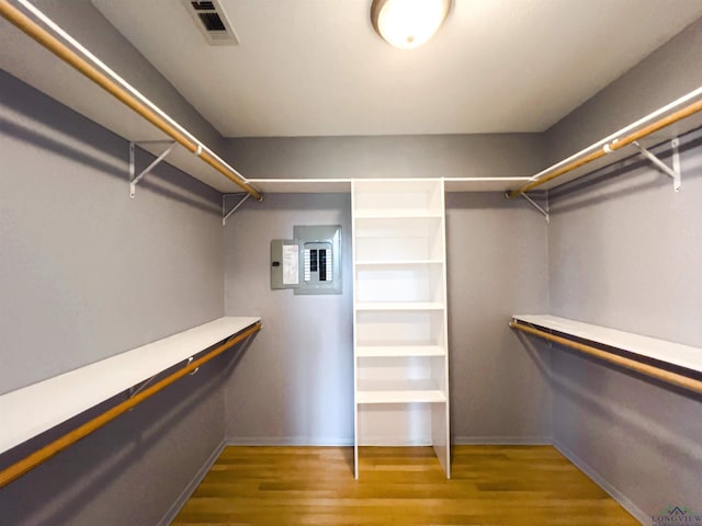 spacious closet featuring electric panel and hardwood / wood-style flooring