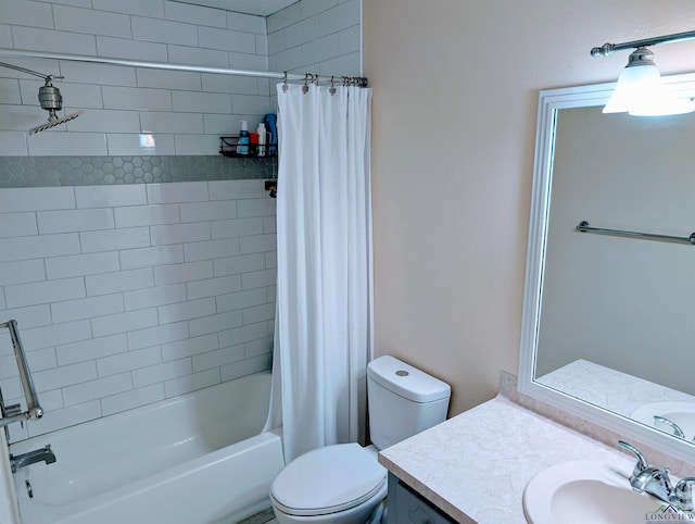 bathroom with toilet, shower / bath combination with curtain, and vanity