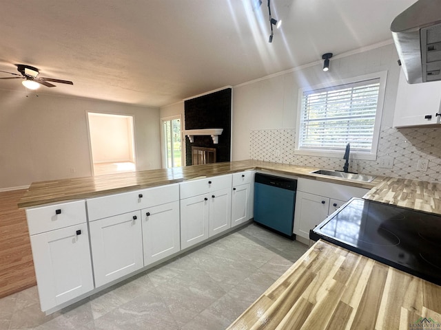3401 Cooper Ln, Texarkana, TX 75503 - kitchen with dishwasher, a sink, wood counters, a peninsula, and ornamental molding