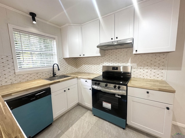 3401 Cooper Ln, Texarkana, TX 75503 - kitchen with electric range, dishwasher, under cabinet range hood, butcher block countertops, and a sink