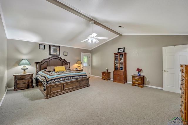 bedroom with vaulted ceiling with beams, ceiling fan, crown molding, and light carpet