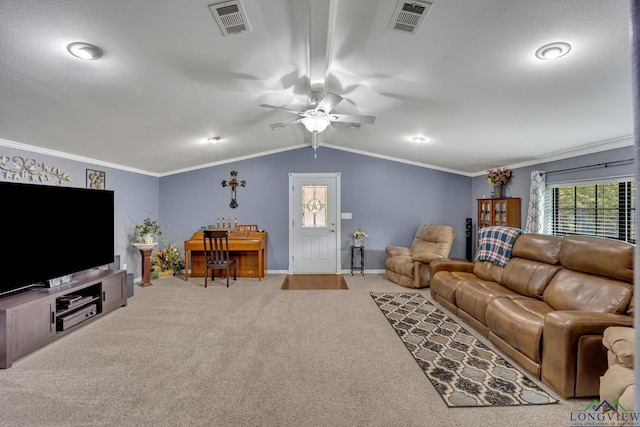 living room with light colored carpet, vaulted ceiling, ceiling fan, and ornamental molding