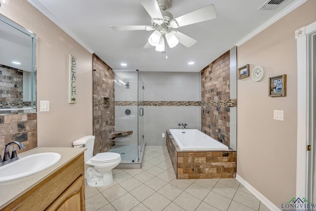 full bathroom featuring ceiling fan, tile patterned flooring, separate shower and tub, vanity, and ornamental molding