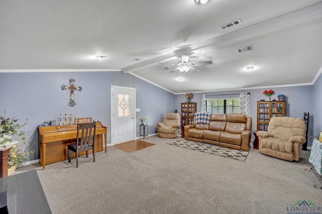 carpeted living room featuring vaulted ceiling, ceiling fan, and ornamental molding