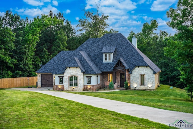 french country home featuring a front yard and a garage