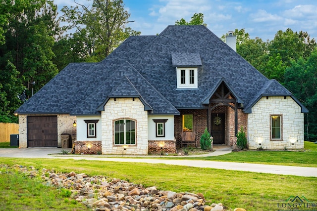 french country inspired facade featuring a front yard, a garage, and central air condition unit