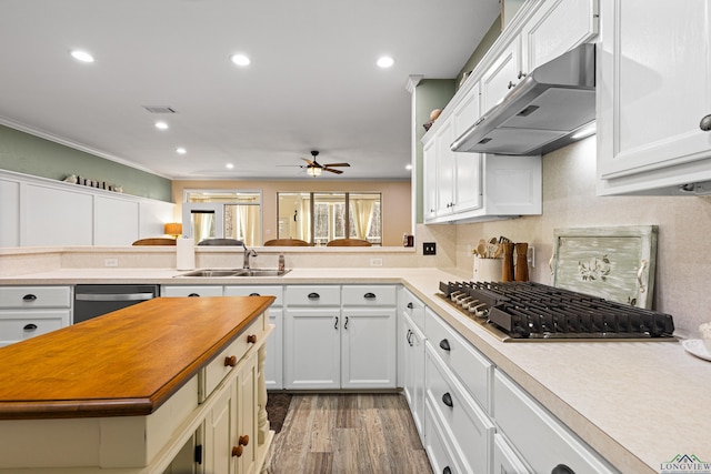 kitchen featuring stainless steel appliances, light hardwood / wood-style floors, white cabinets, ornamental molding, and sink