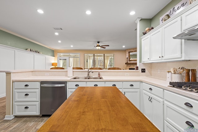 kitchen featuring stainless steel appliances, butcher block counters, white cabinetry, ceiling fan, and sink