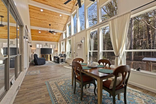 sunroom / solarium with wooden ceiling, ceiling fan, and vaulted ceiling with beams