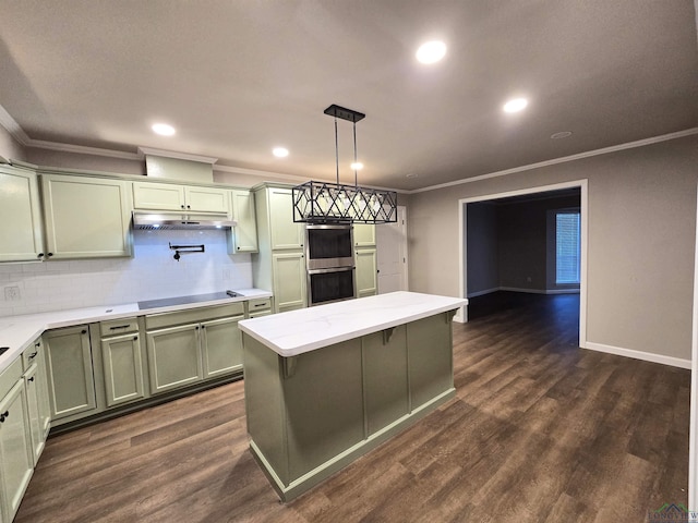 2013 E Warwick Cir, Longview, TX 75601 - kitchen featuring crown molding, green cabinets, black electric cooktop, double oven, and tasteful backsplash