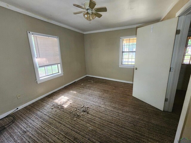 carpeted empty room featuring ceiling fan and crown molding