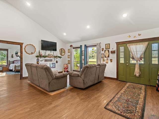 living room featuring a healthy amount of sunlight, high vaulted ceiling, and wood-type flooring