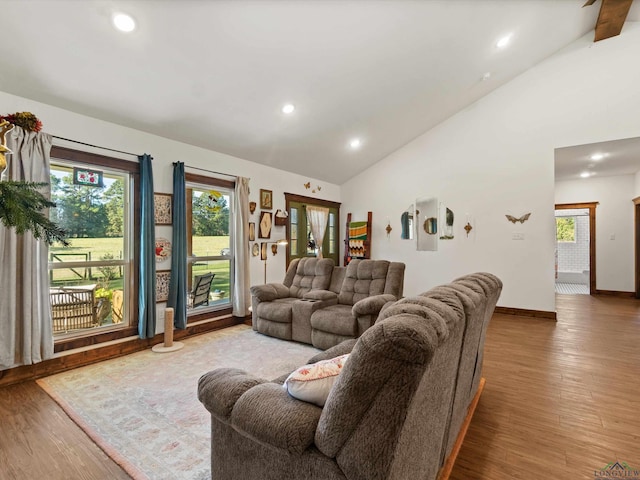 living room featuring hardwood / wood-style floors and vaulted ceiling