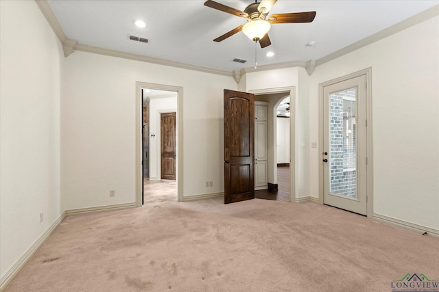 110 Rimrock Ln, Longview, TX 75605 - unfurnished bedroom with ornamental molding, light colored carpet, access to exterior, baseboards, and ceiling fan