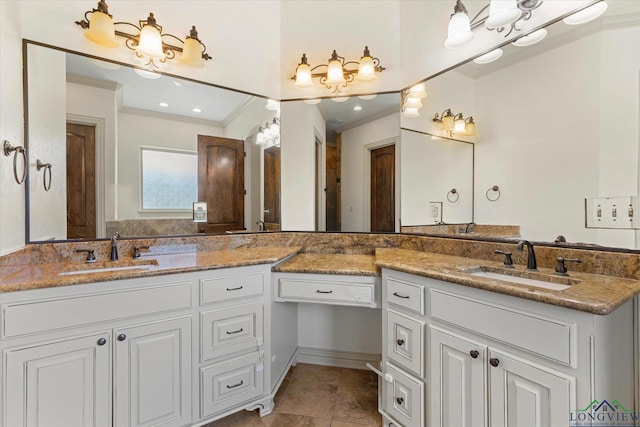 110 Rimrock Ln, Longview, TX 75605 - bathroom with double vanity, crown molding, and tile patterned flooring