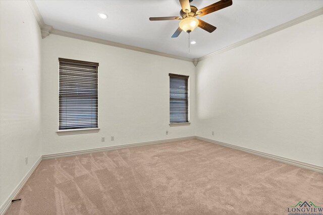 110 Rimrock Ln, Longview, TX 75605 - spare room featuring carpet flooring, ornamental molding, baseboards, a ceiling fan, and recessed lighting