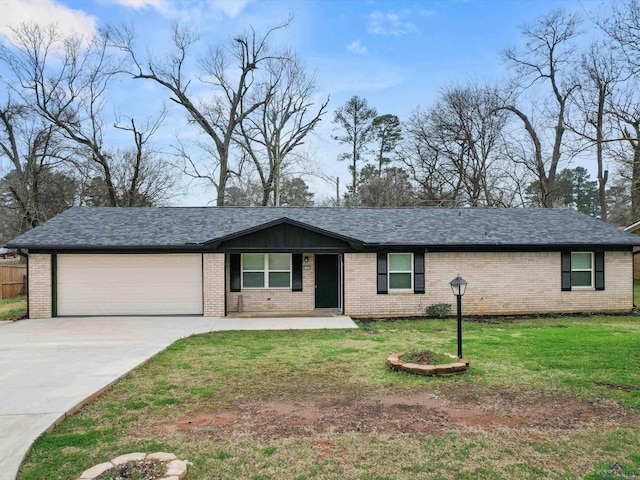 ranch-style house featuring brick siding, driveway, a front lawn, and a garage